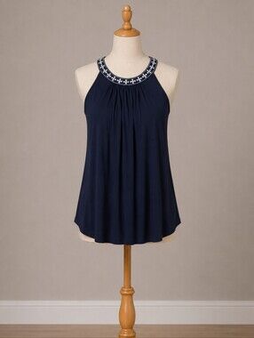 Cable & Gauge Navy Tank Top with Embroidered Neckline